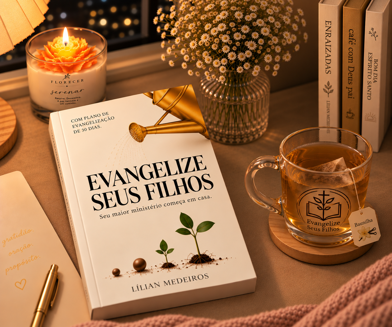 Guia para Pais Evangelize Seus Filhos ao lado de uma xícara de chá