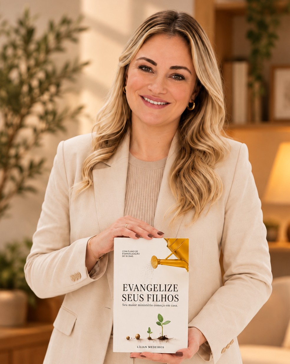 Lílian Medeiros segurando o livro Evangelize Seus Filhos
