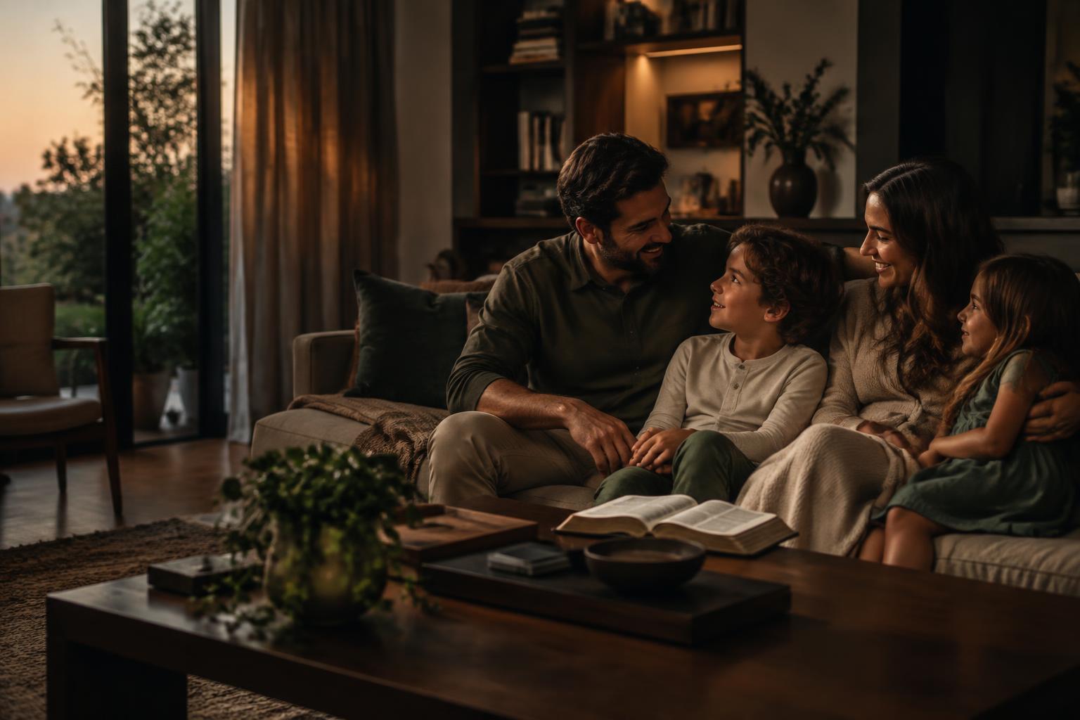 Família reunida em casa em um momento de fé e conversa
